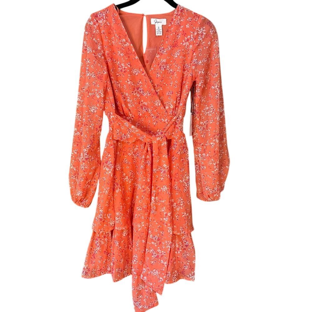 Coral Floral Long Sleeve Wrap‎ Dress with Ruffle Hem Romantic Spring Style E27
